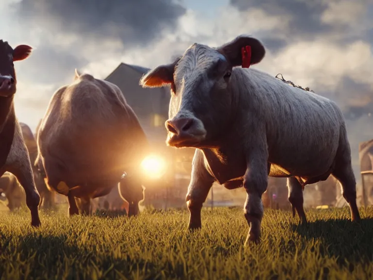 Prompt: livestock revolting against farmers, 8 k, ultra realistic, lens flare, atmosphere, glow, detailed, intricate, full of colour, cinematic lighting, trending on artstation, 4 k, hyperrealistic, focused, extreme details, unreal engine 5, cinematic, masterpiece