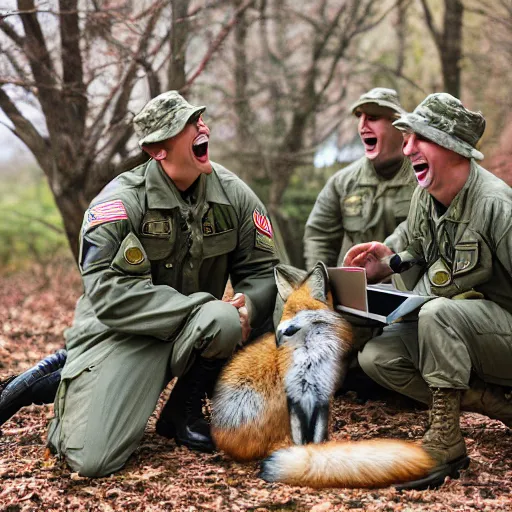 Image similar to a group of fox animals dressed in modern american military soldier uniforms, foxes laughing at a computer, 8 5 mm f / 1. 4