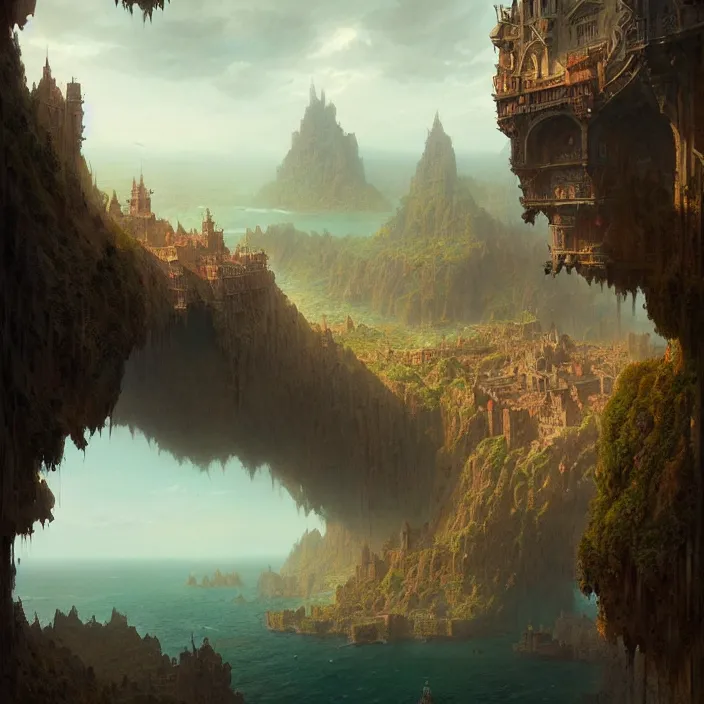 Prompt: matte painting by marc simonetti, jonathan solter, greg rutkowski of an island, masterpiece, cinematic, hyperdetailed, photorealistic, hyperrealism, architecture, aerial view,