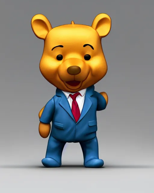 Image similar to full body 3d render of winnie-the-pooh dressed in a suit as a funko pop, studio lighting, white background, blender, trending on artstation, 8k, highly detailed