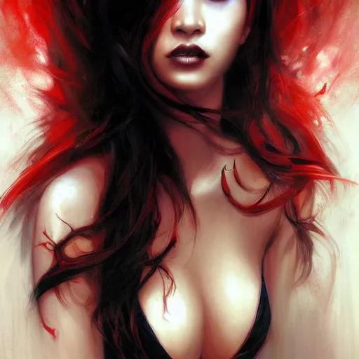 Image similar to beautiful asian vampire woman, paint by Raymond Swanland