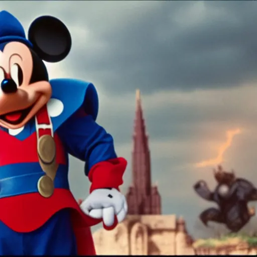 Image similar to Film still of Mickey Mouse as Thor, holding his Mjolnir