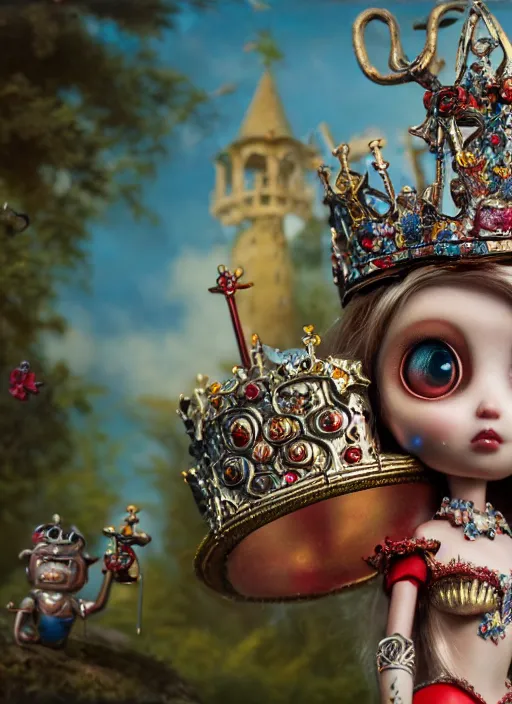Prompt: highly detailed closeup, profile portrait of a tin toy goth fairytale princess wearing a crown, bikini, unreal engine, nicoletta ceccoli, mark ryden, earl norem, lostfish, global illumination, detailed and intricate environment