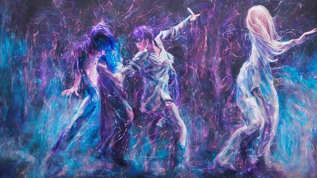 Image similar to beautiful and detailed soft painting of two people dressed as gen z dancing togheter in a nightclub enveloped in trails of colorful animal ghosts floating around them. clean painting, realistic and auora lighting. dark blue and intense purple color palette, art by yoshiyuki tomino, masterpiece, 8 k