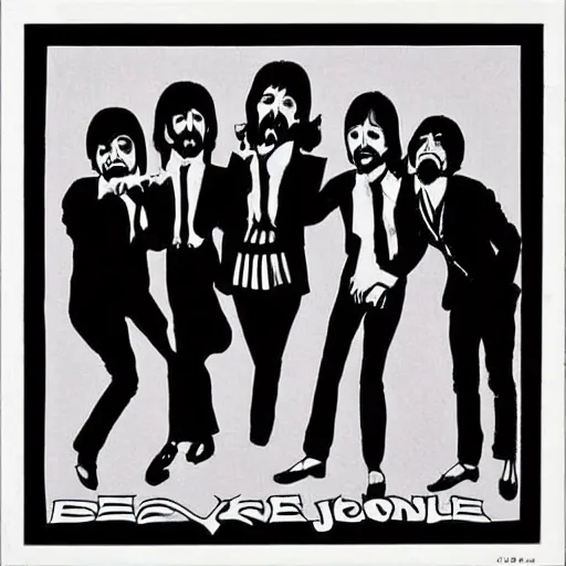 Image similar to beatles album cover, evil style, angry ringo, skeleton john,