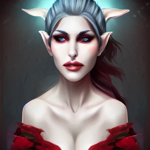 Image similar to Digital portrait of a beautiful half-elf half-vampire young woman. Half black half white hair. Red irises, vertical pupils. Award-winning digital art, trending on ArtStation