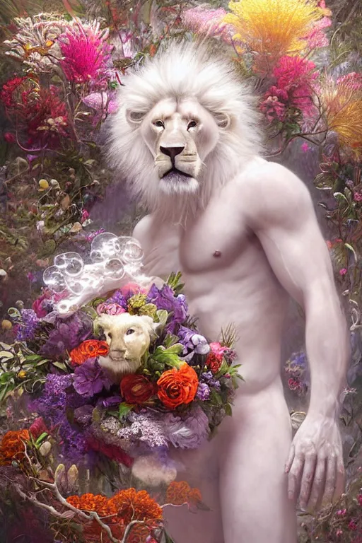 Image similar to portrait of a beautiful mysterious albino male furry anthro lion holding a bouquet of flowing flowers, mane flowing upwards, small bubbles surrounding him, hands hidden under the bouquet, submerged underwater filled with colorful small fish and coral reef, fantasy, regal, intricate, by stanley artgerm lau, greg rutkowski, thomas kindkade, alphonse mucha, loish, norman rockwell