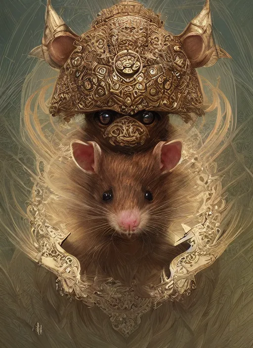 Image similar to symmetry!! portrait of a pet rat wearing detailed ornate armor, intricate, elegant, highly detailed, my rendition, digital painting, behance, concept art, smooth, sharp focus, illustration, art by artgerm and greg rutkowski and alphonse mucha and huang guangjian and gil elvgren and sachin teng