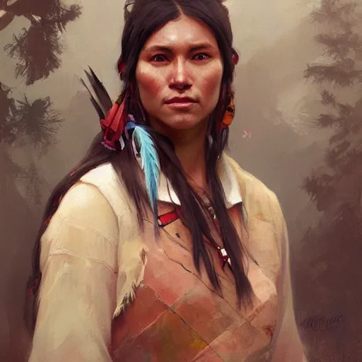 Prompt: Portrait of a Native American, digital painting, detailed, artstation, Krenz Cushart, Greg Rutkowski, Alphonse Mucha, Artgerm