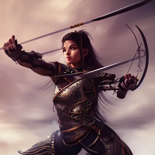 Image similar to action portrait of an astonishing beautiful futuristic archer, realistic, artgerm style, 4k