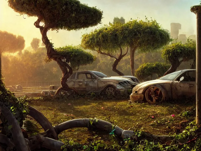 Image similar to a tree growing inside scrap car in ancient greek ruins, gray wasteland, many overgrown scrap cars, pillars and arches, colorful flowers, vines, cinematic, ray of golden sunlight, alphonse mucha, greg rutkowski, trending on artstation, artgerm, breathtaking, smooth, mark arian, award winning