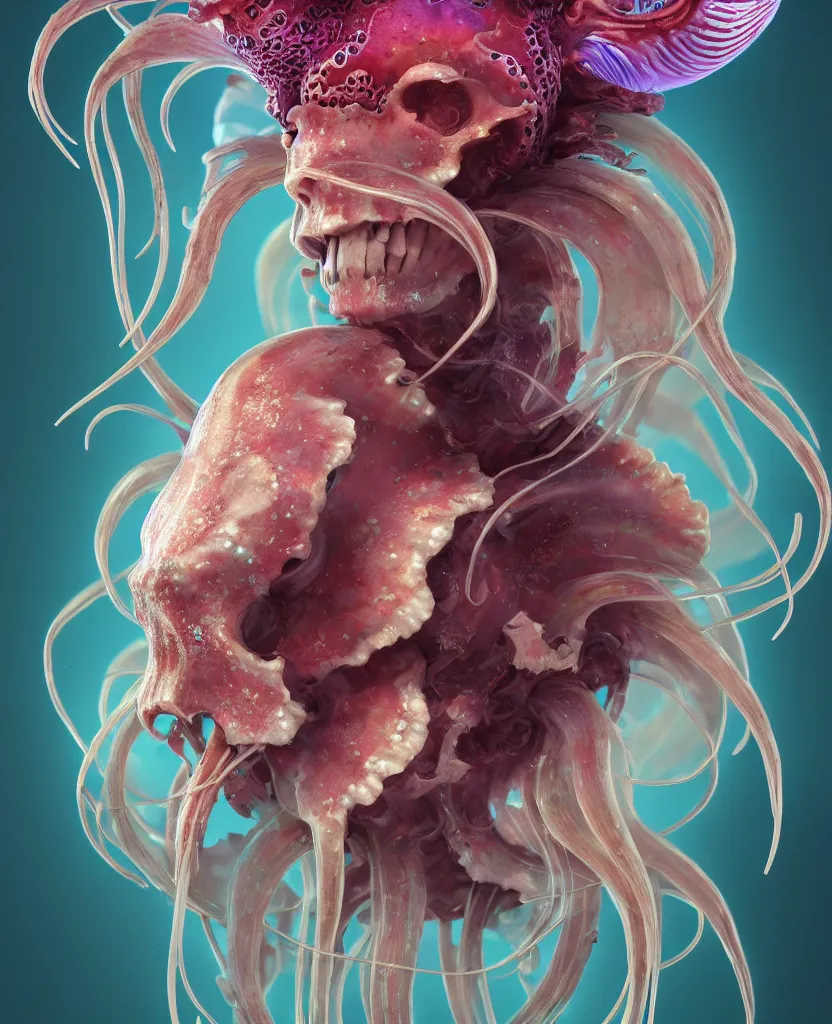 Image similar to goddess close-up portrait ram skull. jellyfish phoenix head, nautilus, orchid, ram skull, betta fish, bioluminiscent creatures, intricate artwork by Tooth Wu and wlop and beeple. octane render, trending on artstation, greg rutkowski very coherent symmetrical artwork. cinematic, hyper realism, high detail, octane render, 8k