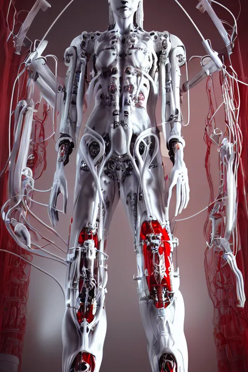 Prompt: jesus space station interior white cross cross inflateble shapes wires tubes veins wires tubes veins jellyfish white biomechanical details a statue jesus on cross made of red marble hands nailed to a cross perfect symmetrical full shot, wearing epic bionic cyborg implants masterpiece, intricate biopunk highly detailed artstation concept art cyberpunk octane render