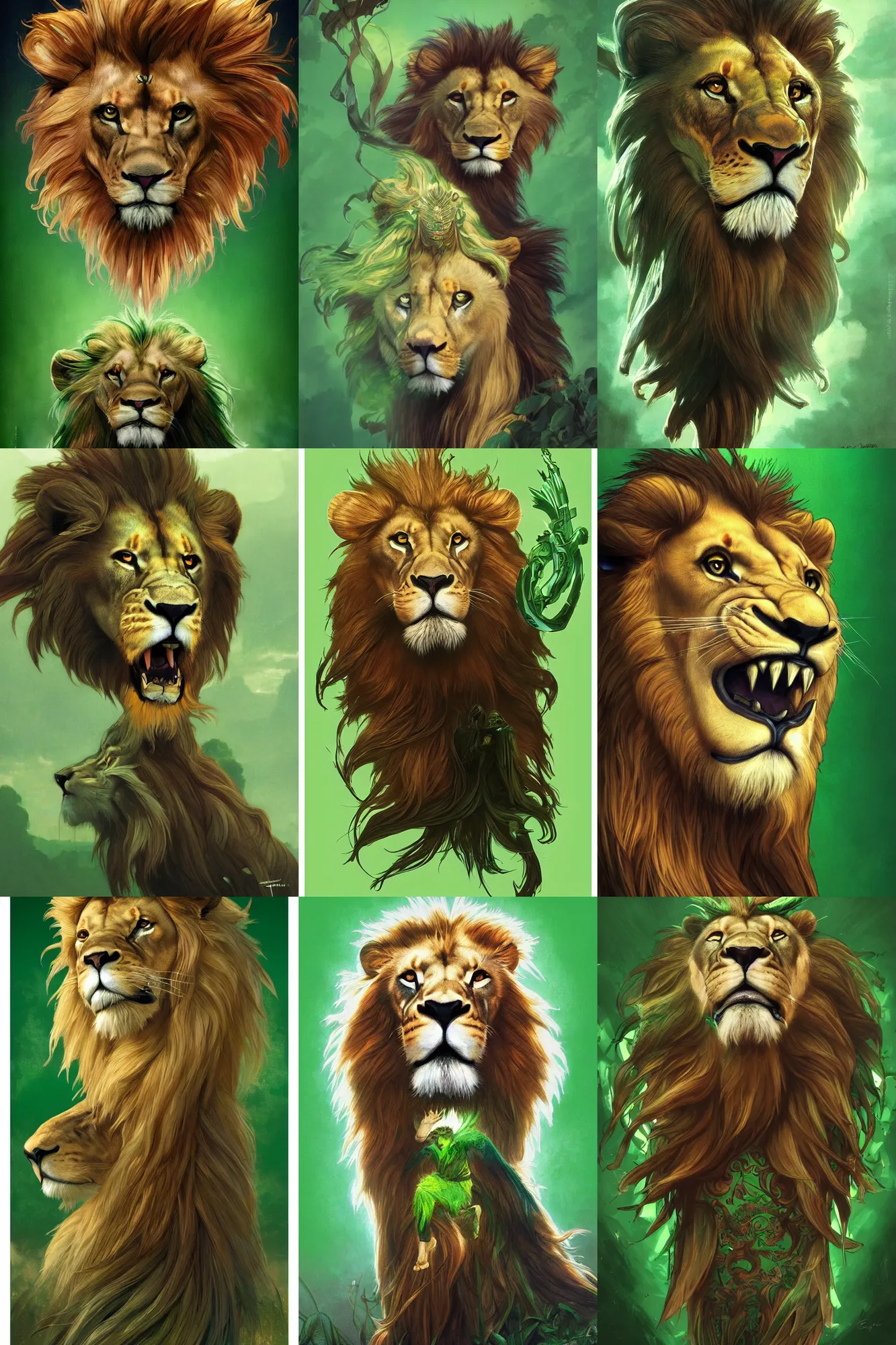 Prompt: long shot ultra realistic illustration, long shot fantasy lion head against a green back for chroma key by artgerm and greg rutkowski and alphonse mucha, medium shot, long shot, constant green background, trending on artstation