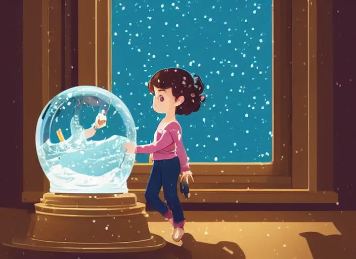 Image similar to little girl with short wavy curly light brown hair looking into a snow globe. clean cel shaded vector art. shutterstock. behance hd by lois van baarle, artgerm, helen huang, by makoto shinkai and ilya kuvshinov, rossdraws, illustration, art by ilya kuvshinov