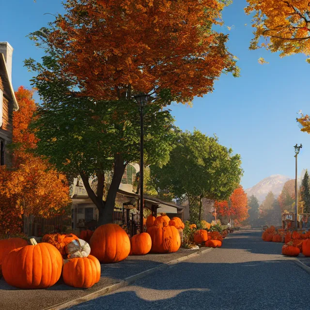 Prompt: pretty colonial city street with shops and pumpkins, maple trees with fall foliage, new hampshire mountain, stone walls, volumetric, realistic, cinematic lighting, ray tracing, unreal engine 5, octane render, hyper realistic, photo, 8 k