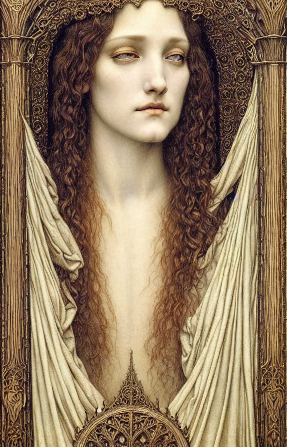 Image similar to detailed realistic beautiful young medieval queen face portrait by jean delville, gustave dore and marco mazzoni, art nouveau, symbolist, visionary, gothic, pre - raphaelite. horizontal symmetry