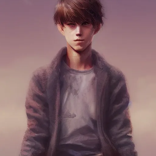 Image similar to portrait of a very masculine teenage girl with blue eyes and brown hair, short men's haircut, smiling, wearing an oversized sweater, dramatic lighting, illustration by Greg rutkowski, yoji shinkawa, 4k, digital art, concept art, trending on artstation