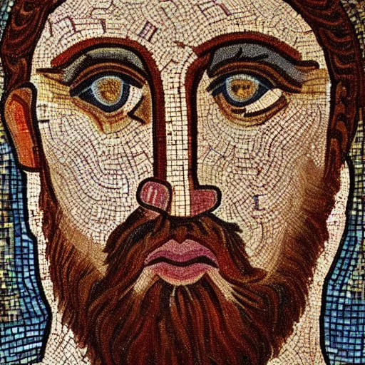 Prompt: byzantine mosaic of gigachad, perfect face, perfect eyes, strong jaw, awarded photo, intricated, very detailed, highly qualified