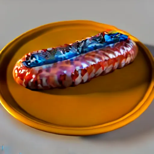 Image similar to realistic 3 d unreal engine render of a half fish half sausage alone on a plate, fish fins on a sausage