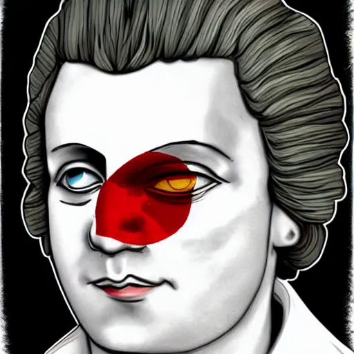 Image similar to Mozart with bloodshot eyes holding a weed joint in his hand, digital art