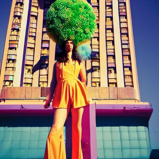 Image similar to giant flower head, full body, girl standing in mid century hotel, surreal, symmetry, bright colors, blue sky, cinematic, wes anderson