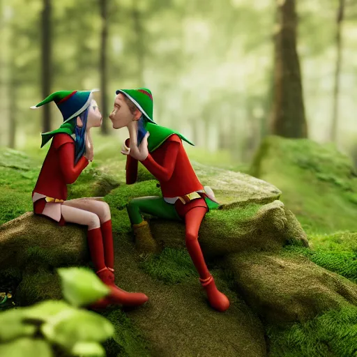 Prompt: elves kissing each other in the forest during the sunny day. Hyperrealism, greenshift render, 8k, depth of field, cinematic