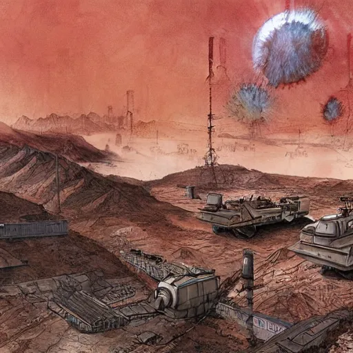 Prompt: [North Korean colony on Mars, poster, very detailed, cinematic lighting, matte, sharp, photography, art by enki bilal]