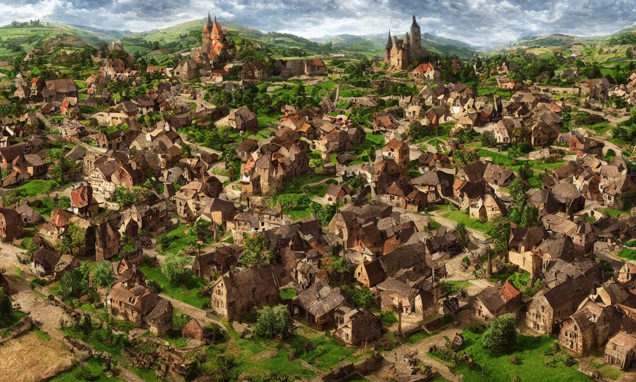 Image similar to beautiful medieval village diorama with a few houses and farms, digital art