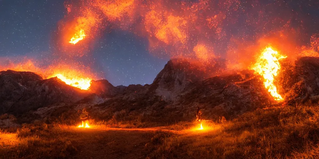 Image similar to giant fire ball attack comes from mountains, back view, 5 0 mm bokeh, night, epic, dramatic, realistic, 8 k, high details