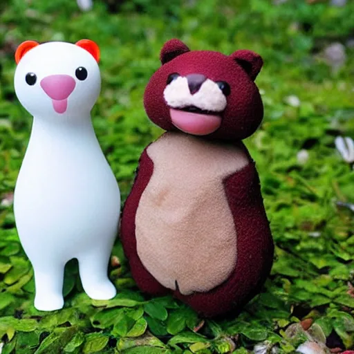 Prompt: some cute plastic toys that look like animal that are dressed as other animal characters, forest colors