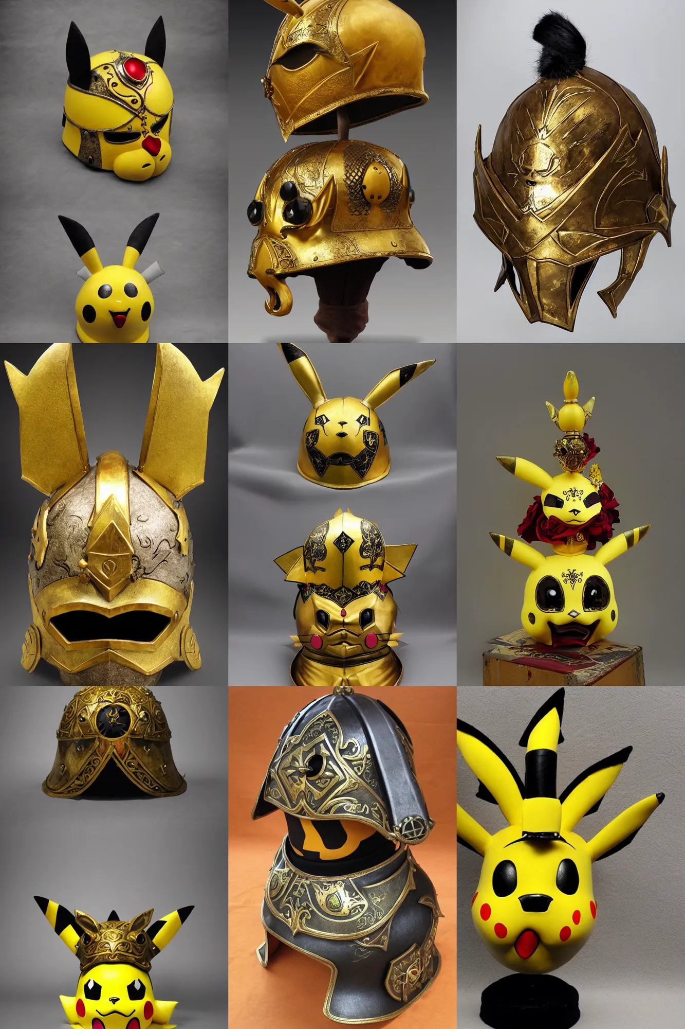 Prompt: elegant ornate powerful medieval fantasy helmet in the shape of a Pikachu