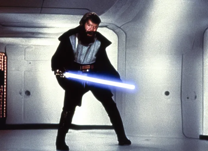 Prompt: Still of Clint Eastwood as Obiwan kenobi with his light saber in the death star corridors in Star Wars (1977)