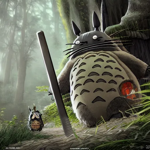 Prompt: totoro jedi slaying with lord, intricate detail, royo, klimt, miro, vallejo, frazetta, giger, whealan, hd, unreal engine,