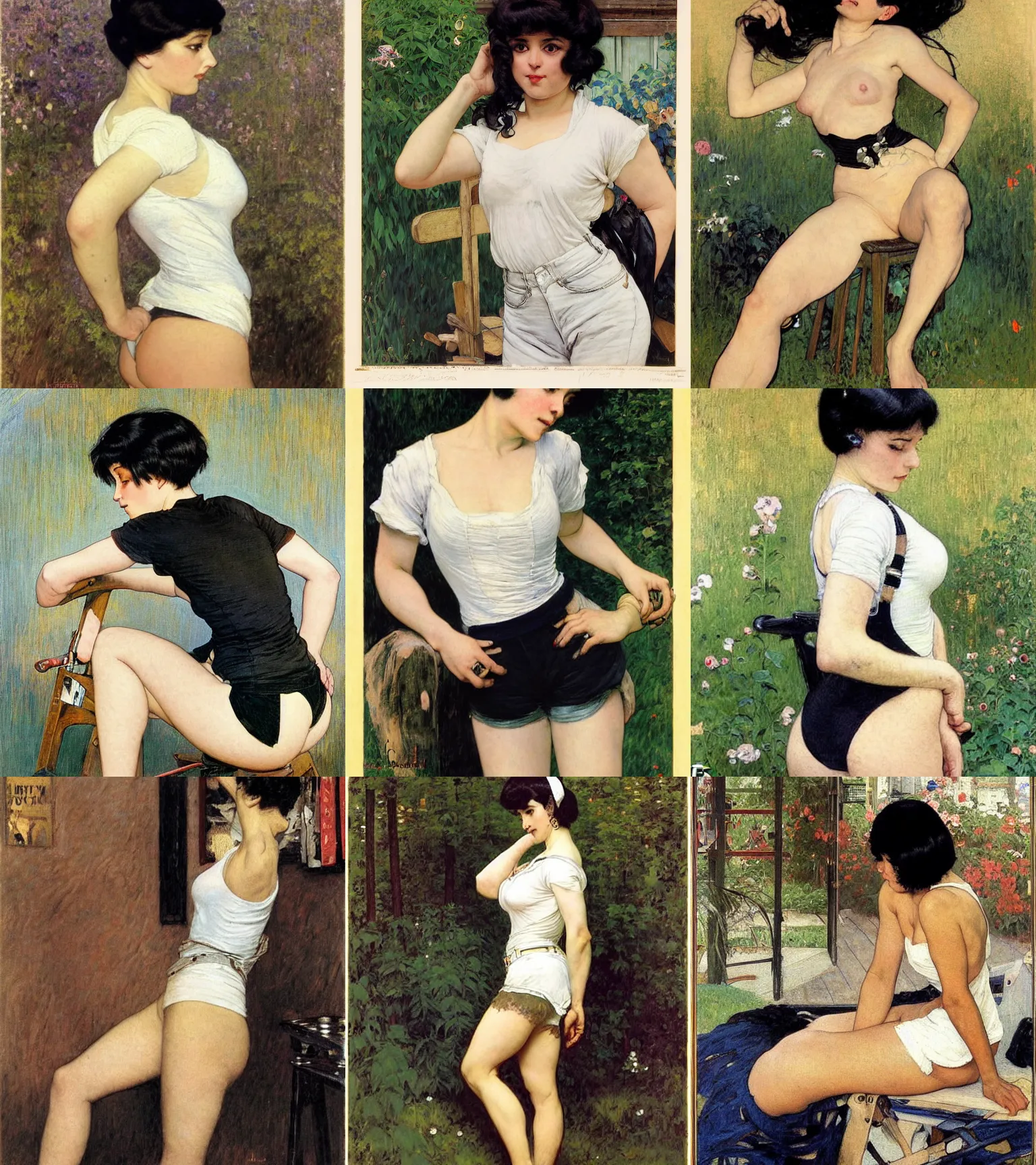 Prompt: a woman with black hair and long pixie haircut in shorts with suspenders and white t-shirt drawn by frank frazetta, gustave caillebotte, Alexandre Cabanel, norman rockwell, alphonso azpiri maler collier, peter paul rubens, alphonse mucha, gustav klimt 4k, unreal 5, DAZ, french noveau, trending on artstation, octane render, hyperrealistic