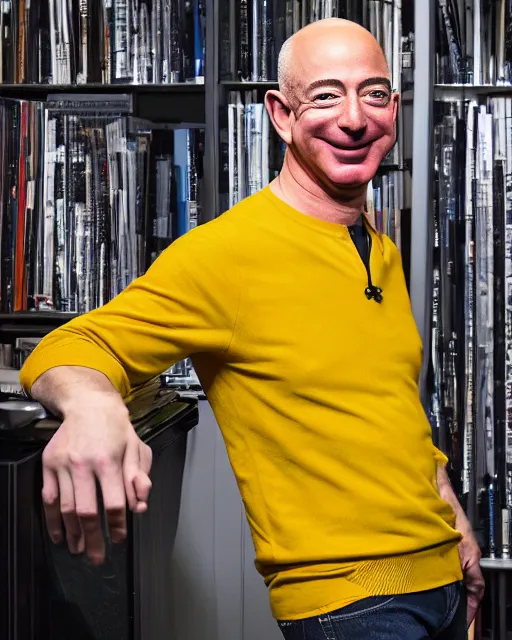 Prompt: A studio portrait of Jeff Bezos looking happy, highly detailed, 80mm, f/1.4
