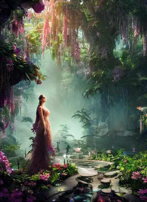 Image similar to beauteous sumptuous elegant woman in paradise garden, with incredible indirect soft cinematic lighting, crystalline masterpiece incrustations, hyperdetailed features, movie still, intricate, octane render, cinematic forest lighting, unreal engine,
