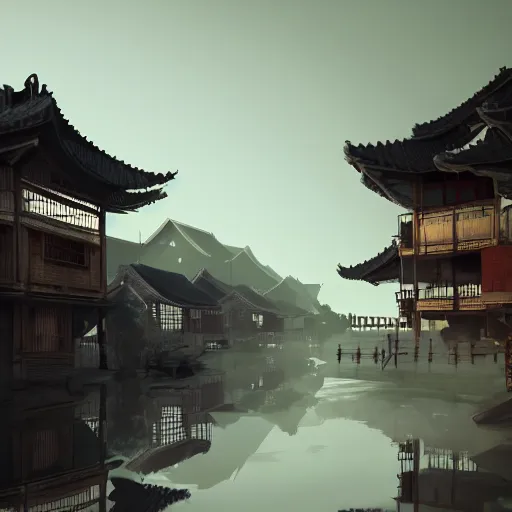 Prompt: old asian village, early sunlight, contrast shadows, mist, fog, water ripples, detailed, photorealistic, artstation, atmospheric, ambient