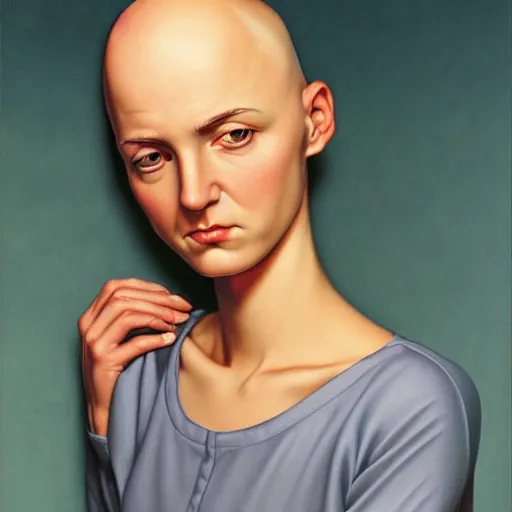 Prompt: a beautiful portrait of a tired, sickly, thin young woman with a bald head, by greg hildebrandt