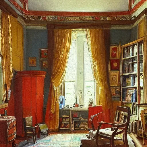 Image similar to very detailed interior of a building, bedroom of an artist in the style of Thomas Symington Halliday (1902–1998), Scottish painter and sculptor