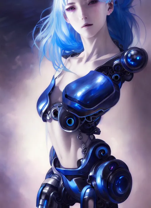 Prompt: beautiful anime cyborg woman, blue hair, blue light, diffuse lighting, fantasy, intricate, elegant, highly detailed, lifelike, photorealistic, digital painting, artstation, illustration, concept art, smooth, sharp focus, art by John Collier and Albert Aublet and Krenz Cushart and Artem Demura and Alphonse Mucha