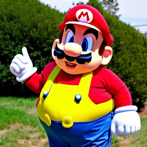 Image similar to real life big chungus dressed like mario, super mario, big chungus, fat bugs bunny, bunny ears, high resolution photo