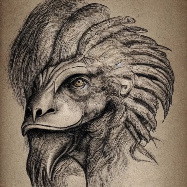 Image similar to human / eagle / lion / ox hybrid with two horns, one beak, mane and human body. drawn by da vinci