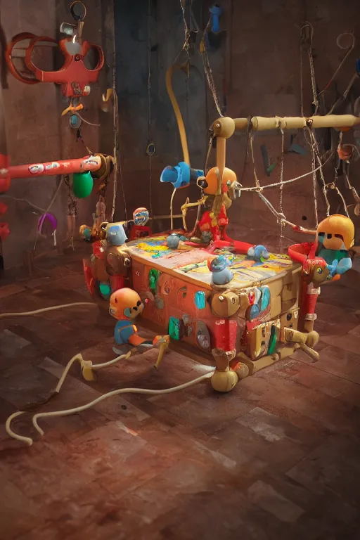 Image similar to render of fisher price torture dungeon with plastic torture devises, long shot, cinematography by wes anderson, 4 k octane render, intricate detail, photorealistic, cinematic lighting, artstation