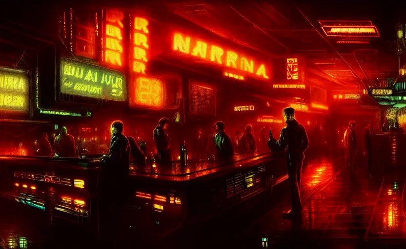 Prompt: blade runner in a dimly lit bar, fluorescent lighting, eerie, otherworldly atmosphere, detailed, photorealistic imagery, futuristic, intricate, detailed, photorealistic imagery, artstation