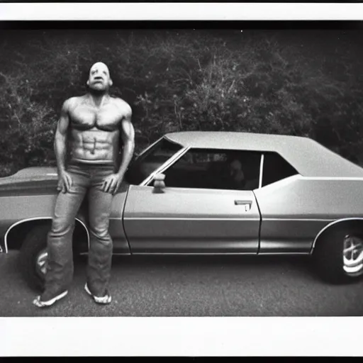 Image similar to joe rogan with an afro, 1 9 7 0's, pontiac car, new jersey, polaroid photo, alien buddy, leaning on car, relaxed and happy, alien buddy is pointing at the sky, laughing. 1 9 7 6, award winning photo