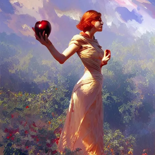 Image similar to the hand is reaching for the apple, painting by Craig Mullins, 4k, octane, digital painting, artstation, concept art, sharp focus, illustration, art by artgerm and greg rutkowski and alphonse mucha,