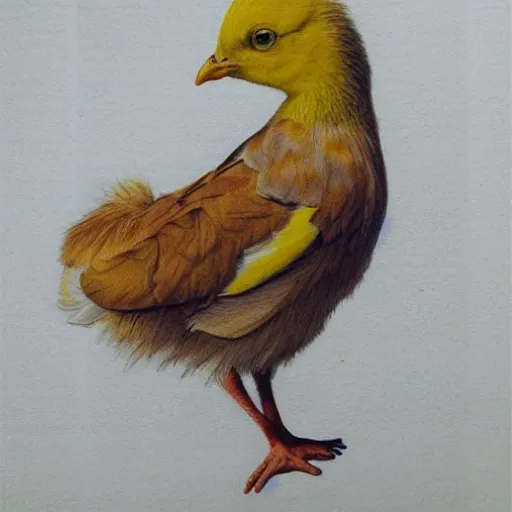 Image similar to a colored pencil drawing of a yellow chick by natalia rojas and ana maria martinez jaramillo, pastel color, wingspan style, ungle background, highly detailed, realistic graphite, artstation, 4 k, realism, photorealism, fine art