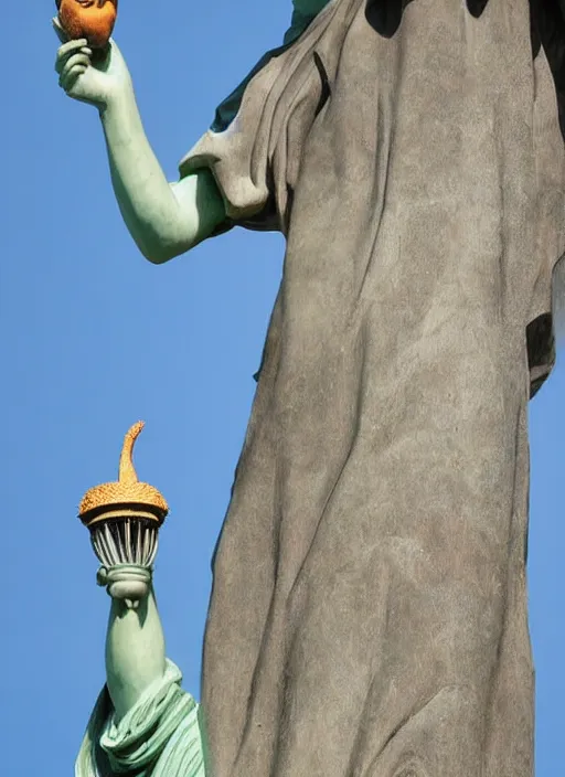 Image similar to A marble statue of a squirrel holding an acorn in the style of Statue of Liberty. museum photo