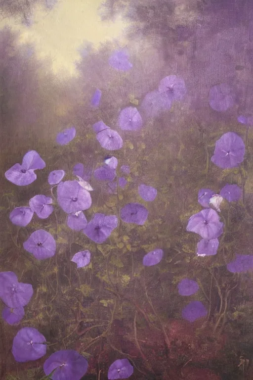 Prompt: moody painting of purple morning glory flowers growing in a forest dimly lit by morning light. muted colour palette oil painting on canvas, rembrandt